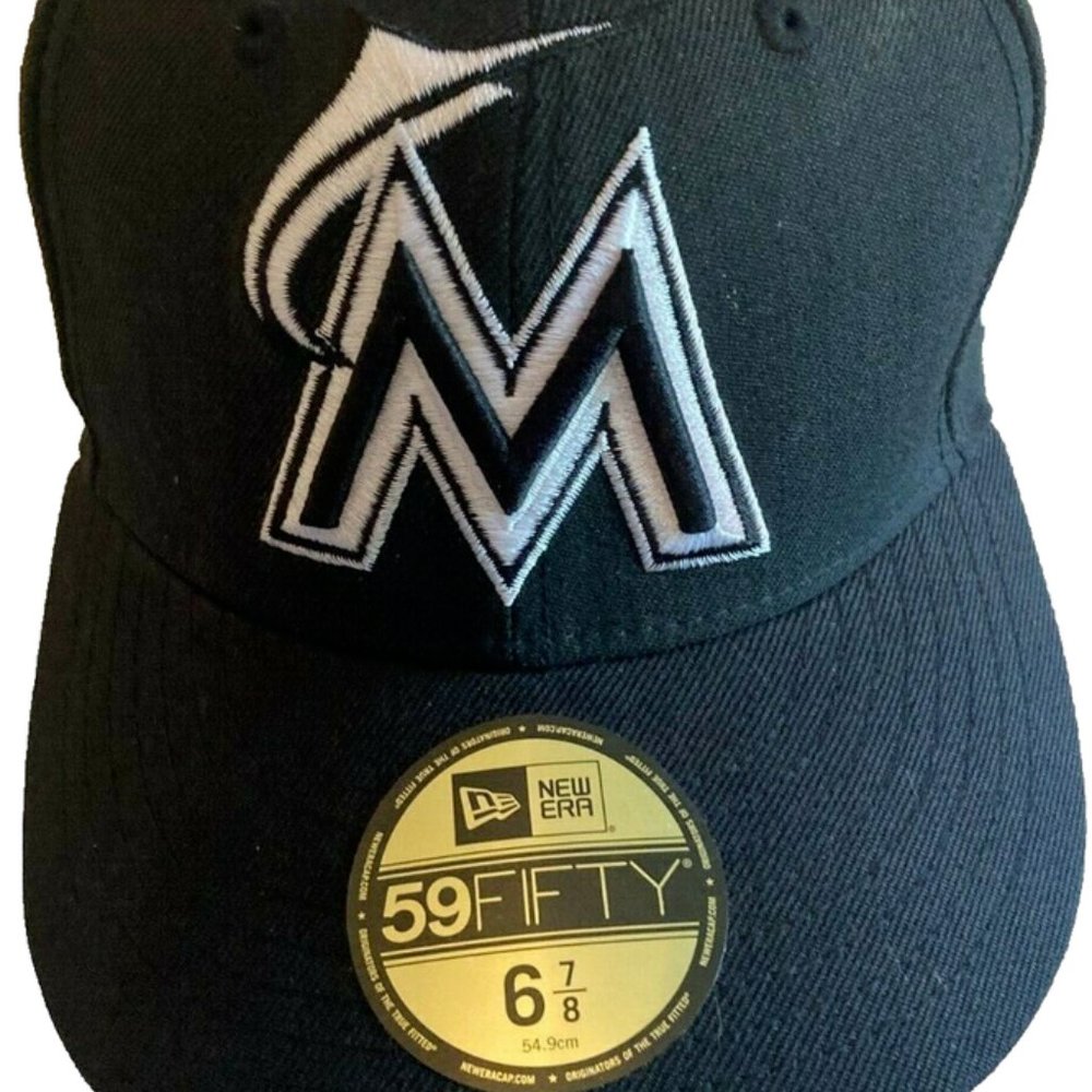 Miami Marlins 59FIFTY MLB Men's Fitted Hat Cap New Era Black and White Sz 6 7/8